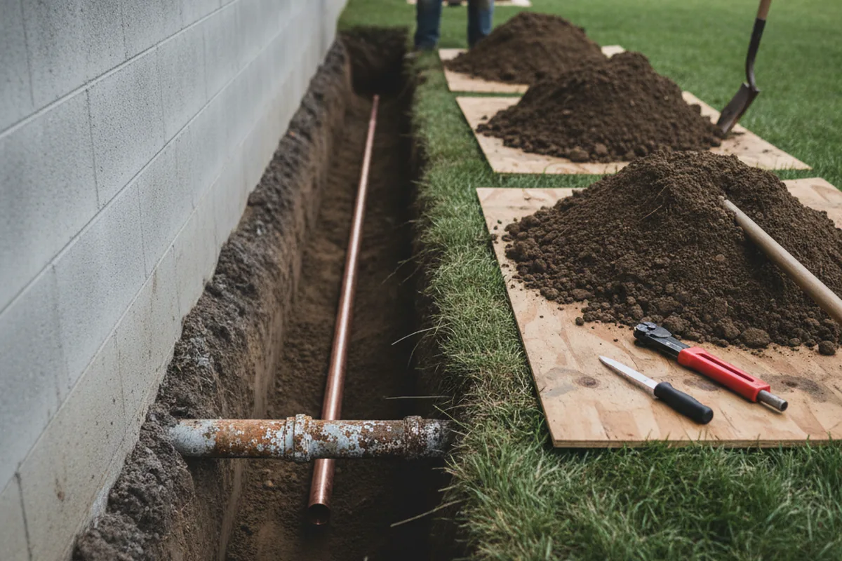 Excavated water line trench during Water Softener Installation in Lake Linden